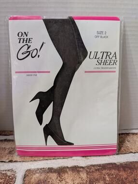 On The Go! Vintage Ultra Sheer Pantyhose Off Black Sheer Toe Nylons Size 2 New